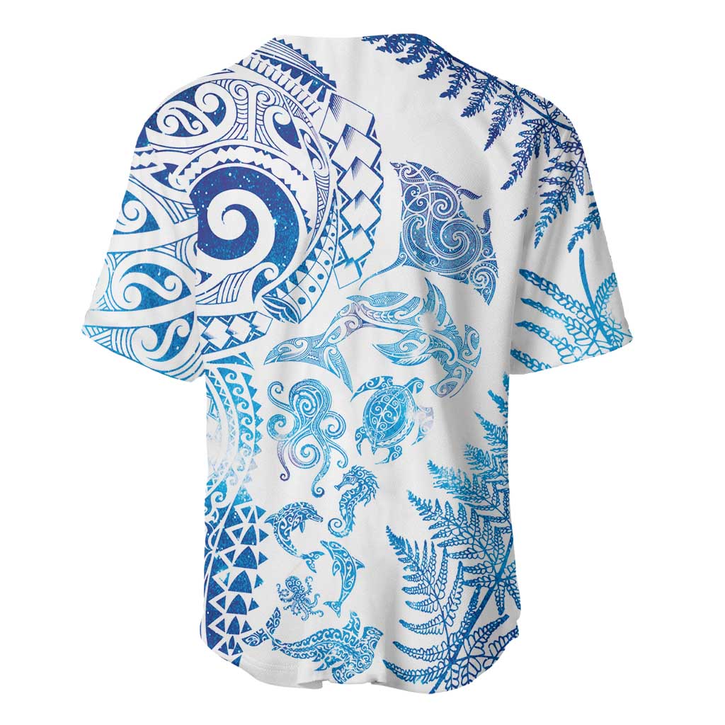 New Zealand Sea Animals Baseball Jersey with Maori Koru Tribal Tattoo and Silver Ferns Galaxy Style LT03 - Polynesian Pride