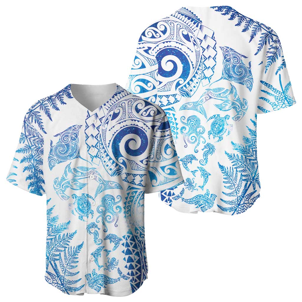 New Zealand Sea Animals Baseball Jersey with Maori Koru Tribal Tattoo and Silver Ferns Galaxy Style LT03 - Polynesian Pride