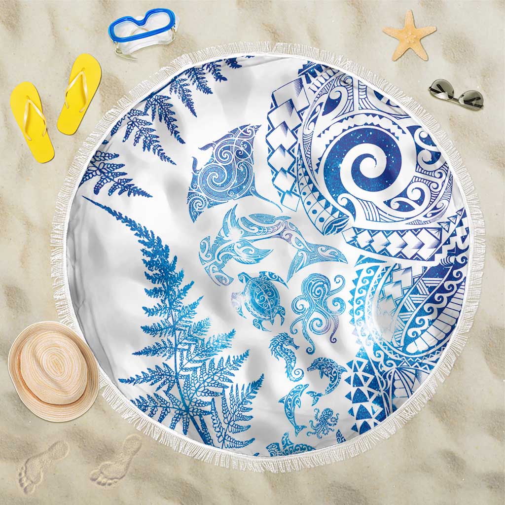 New Zealand Sea Animals Beach Blanket with Maori Koru Tribal Tattoo and Silver Ferns Galaxy Style LT03 One Size 150cm Multicolor - Polynesian Pride