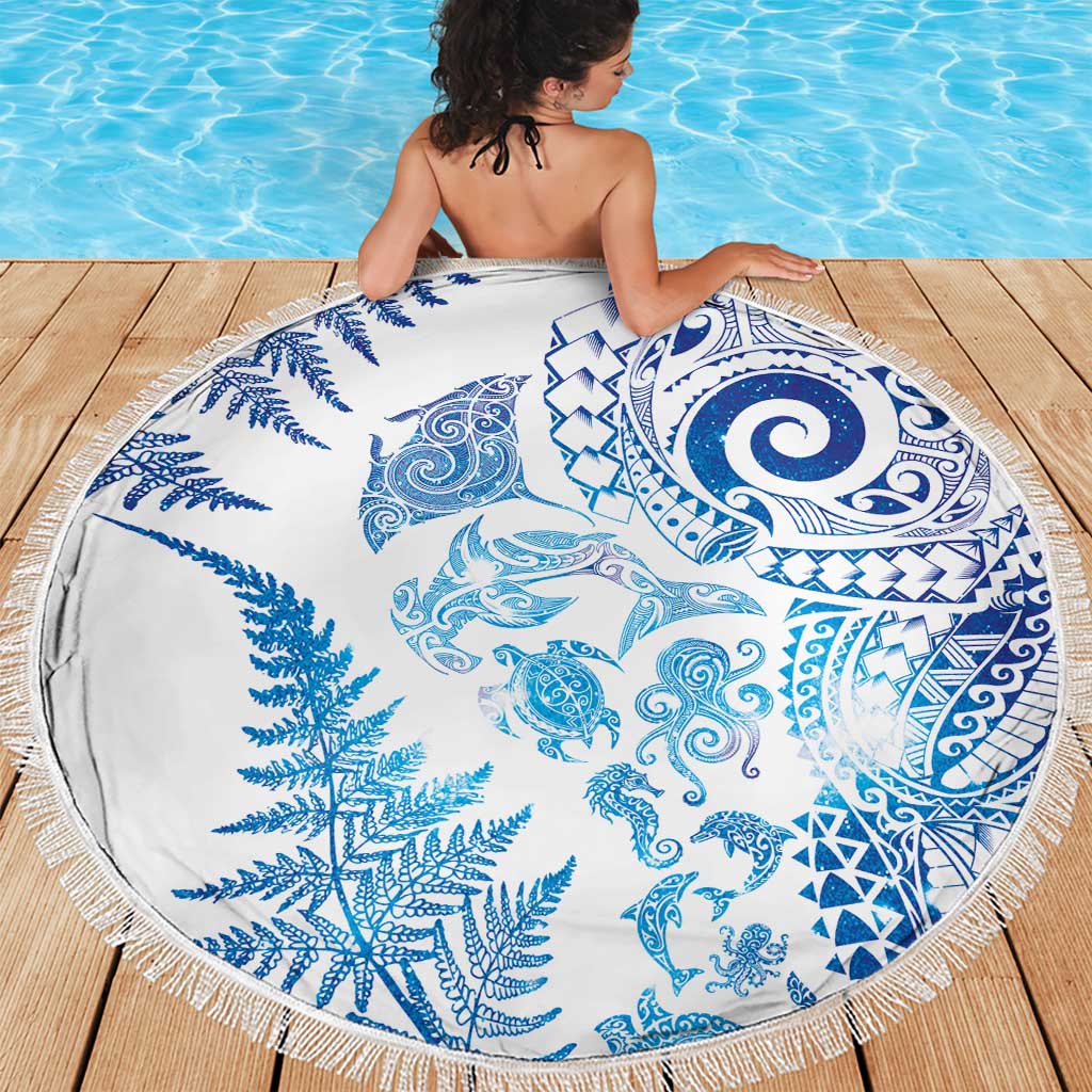 New Zealand Sea Animals Beach Blanket with Maori Koru Tribal Tattoo and Silver Ferns Galaxy Style LT03 - Polynesian Pride