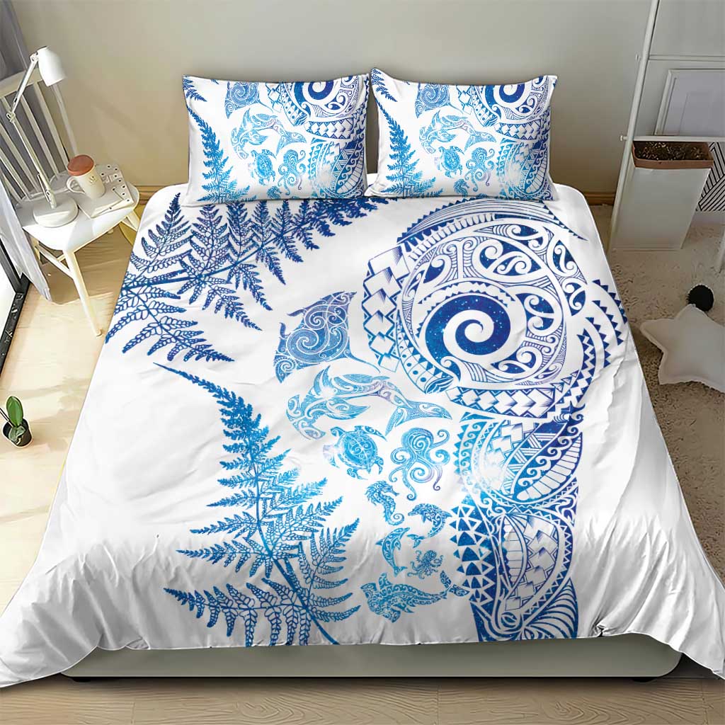 New Zealand Sea Animals Bedding Set with Maori Koru Tribal Tattoo and Silver Ferns Galaxy Style