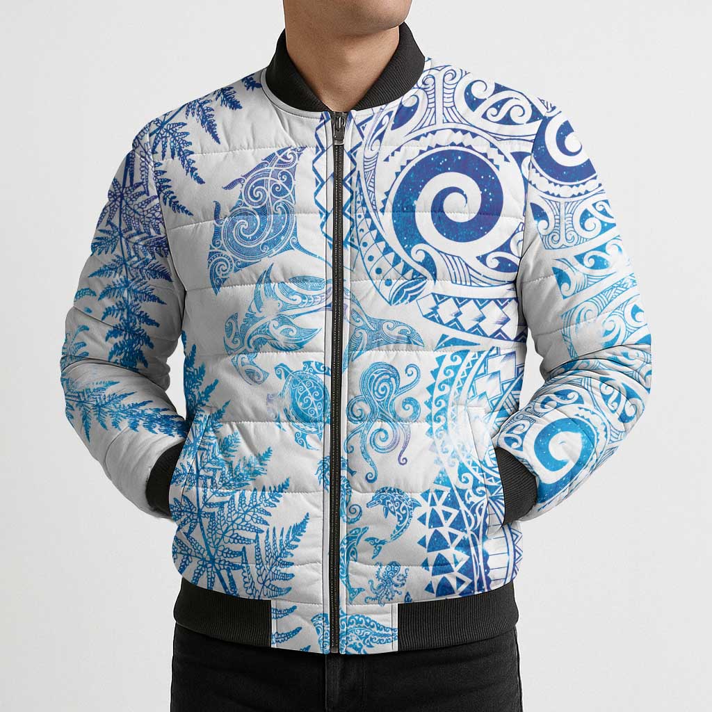 New Zealand Sea Animals Bomber Puffer Jacket with Maori Koru Tribal Tattoo and Silver Ferns Galaxy Style LT03 - Polynesian Pride