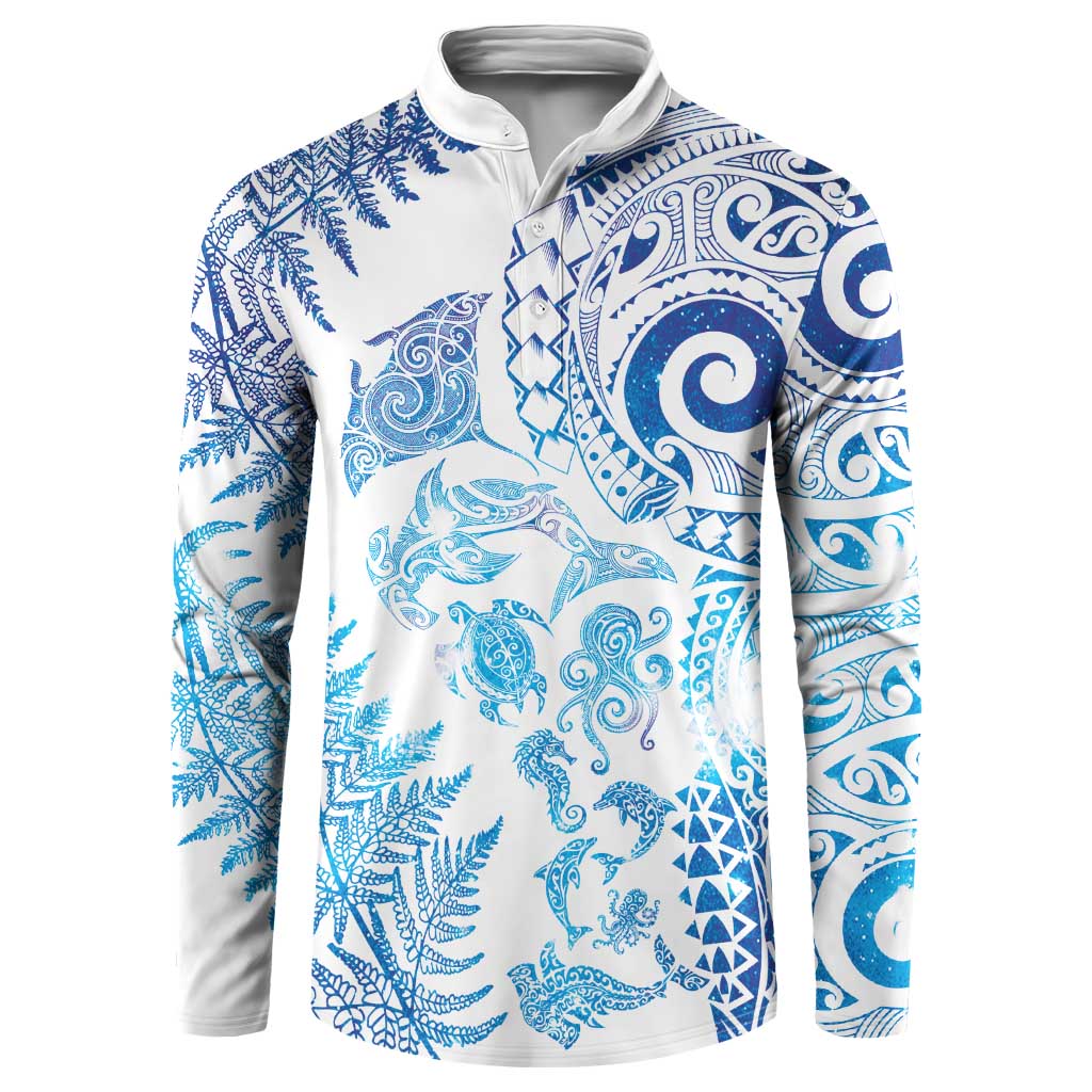New Zealand Sea Animals Button Sweatshirt with Maori Koru Tribal Tattoo and Silver Ferns Galaxy Style