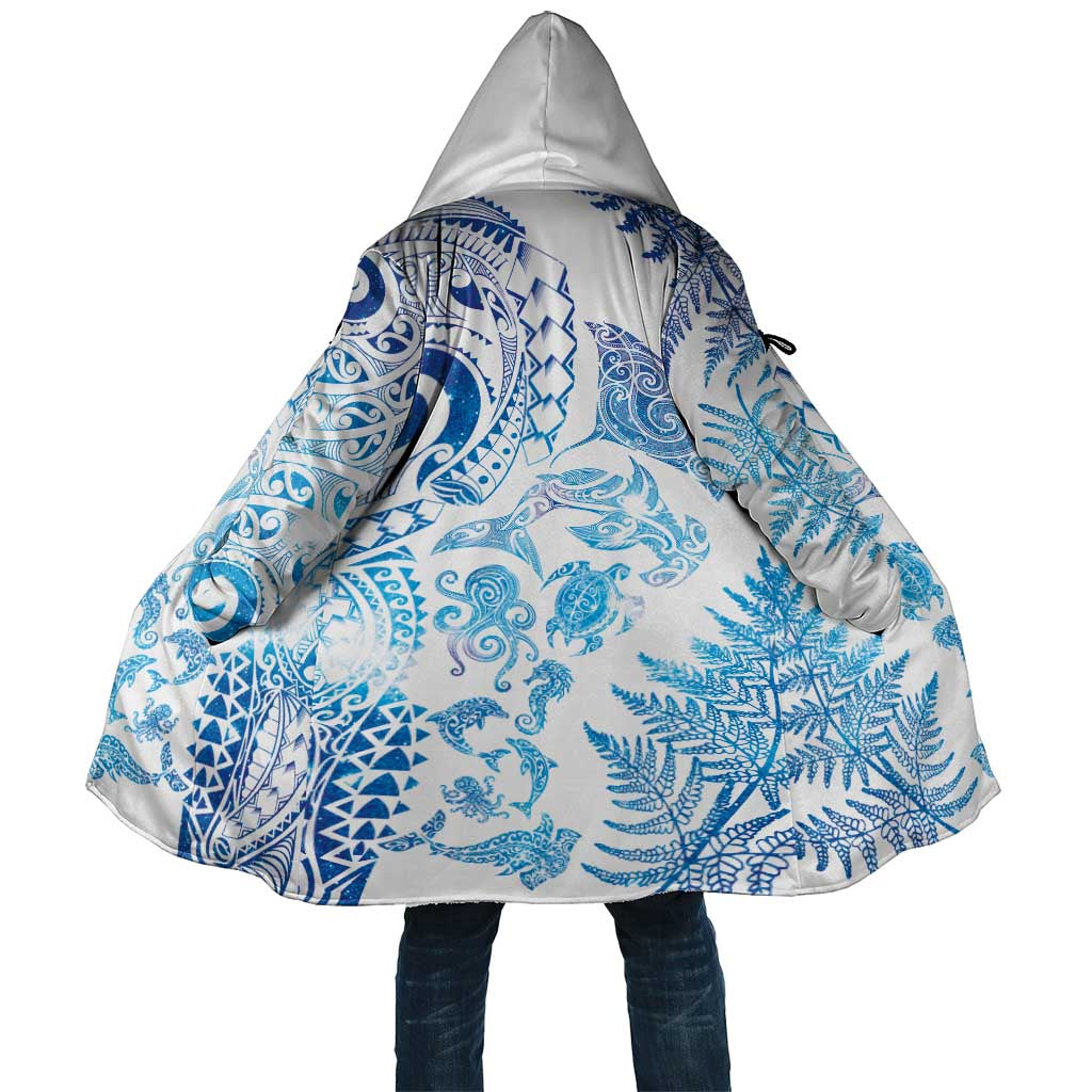 New Zealand Sea Animals Cloak with Maori Koru Tribal Tattoo and Silver Ferns Galaxy Style