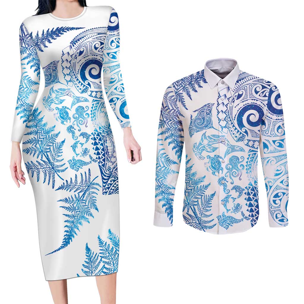 New Zealand Sea Animals Couples Matching Long Sleeve Bodycon Dress and Long Sleeve Button Shirt with Maori Koru Tribal Tattoo and Silver Ferns Galaxy Style LT03 Multicolor - Polynesian Pride