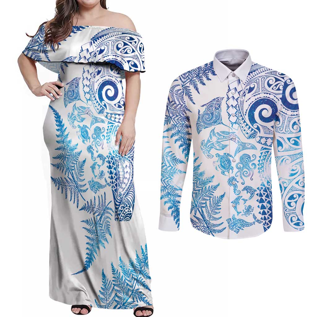 New Zealand Sea Animals Couples Matching Off Shoulder Maxi Dress and Long Sleeve Button Shirt with Maori Koru Tribal Tattoo and Silver Ferns Galaxy Style