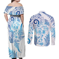 New Zealand Sea Animals Couples Matching Off Shoulder Maxi Dress and Long Sleeve Button Shirt with Maori Koru Tribal Tattoo and Silver Ferns Galaxy Style LT03 - Polynesian Pride