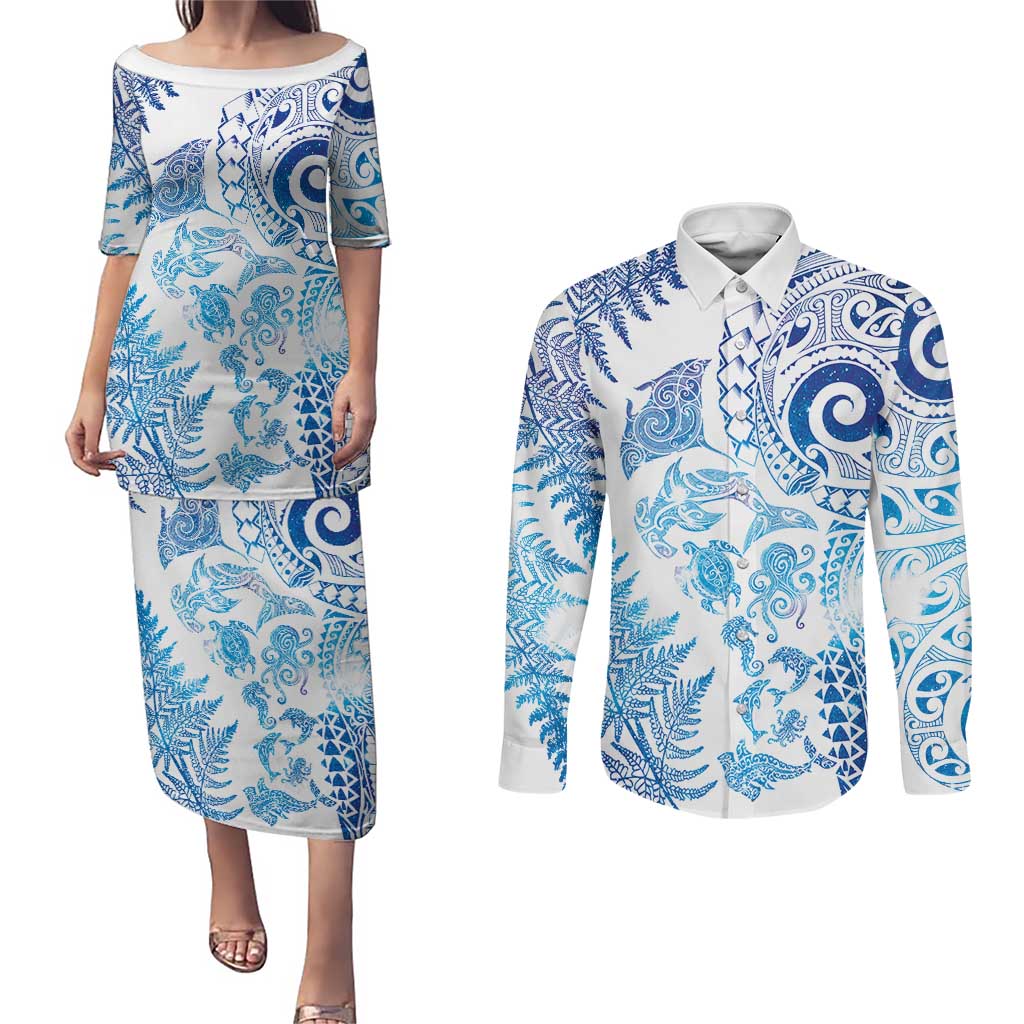 New Zealand Sea Animals Couples Matching Puletasi and Long Sleeve Button Shirt with Maori Koru Tribal Tattoo and Silver Ferns Galaxy Style LT03 Multicolor - Polynesian Pride