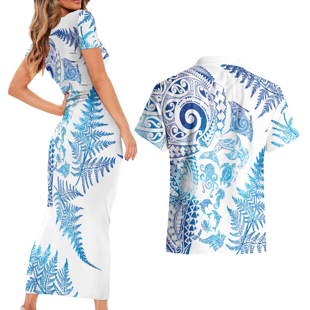 New Zealand Sea Animals Couples Matching Short Sleeve Bodycon Dress and Hawaiian Shirt with Maori Koru Tribal Tattoo and Silver Ferns Galaxy Style LT03 - Polynesian Pride