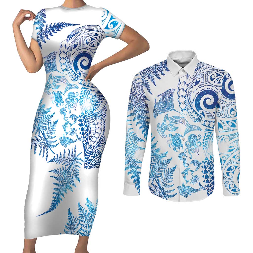 New Zealand Sea Animals Couples Matching Short Sleeve Bodycon Dress and Long Sleeve Button Shirt with Maori Koru Tribal Tattoo and Silver Ferns Galaxy Style LT03 Multicolor - Polynesian Pride