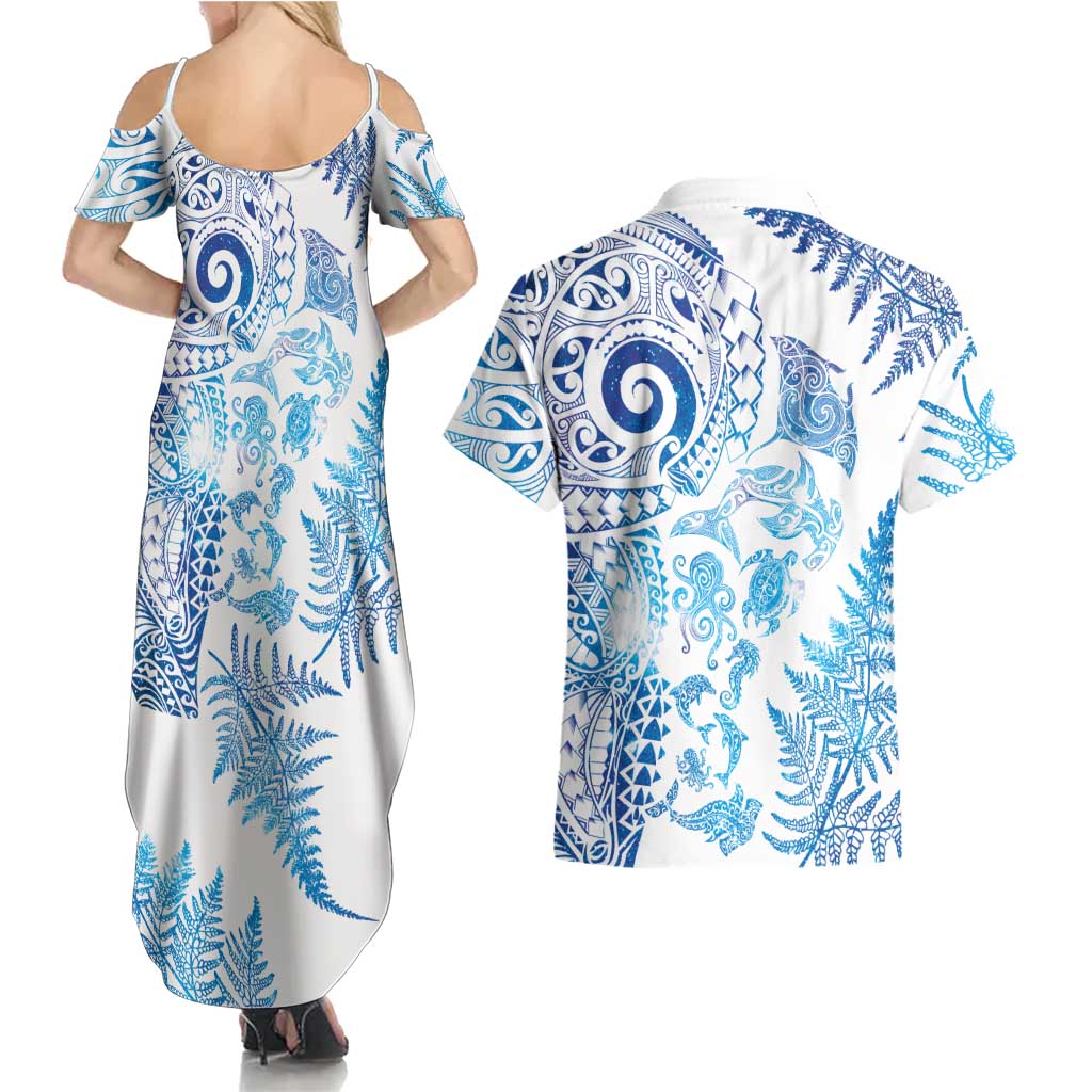 New Zealand Sea Animals Couples Matching Summer Maxi Dress and Hawaiian Shirt with Maori Koru Tribal Tattoo and Silver Ferns Galaxy Style LT03 - Polynesian Pride