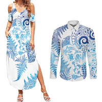 New Zealand Sea Animals Couples Matching Summer Maxi Dress and Long Sleeve Button Shirt with Maori Koru Tribal Tattoo and Silver Ferns Galaxy Style LT03 Multicolor - Polynesian Pride