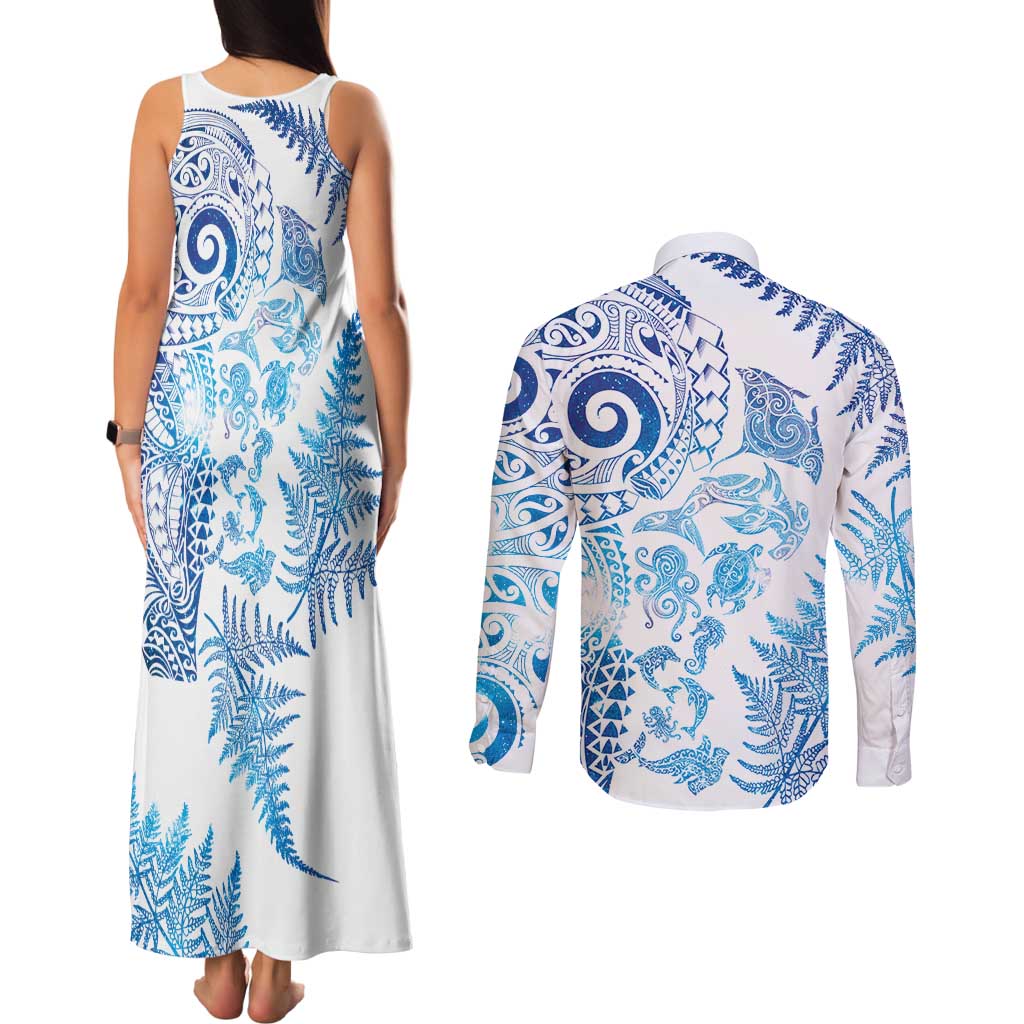 New Zealand Sea Animals Couples Matching Tank Maxi Dress and Long Sleeve Button Shirt with Maori Koru Tribal Tattoo and Silver Ferns Galaxy Style LT03 - Polynesian Pride