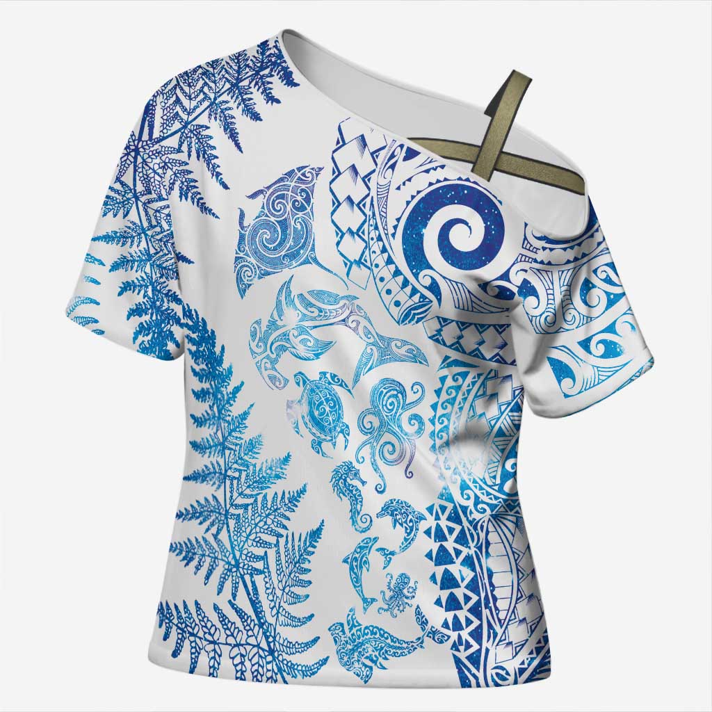 New Zealand Sea Animals Cross Shoulder Shirt with Maori Koru Tribal Tattoo and Silver Ferns Galaxy Style