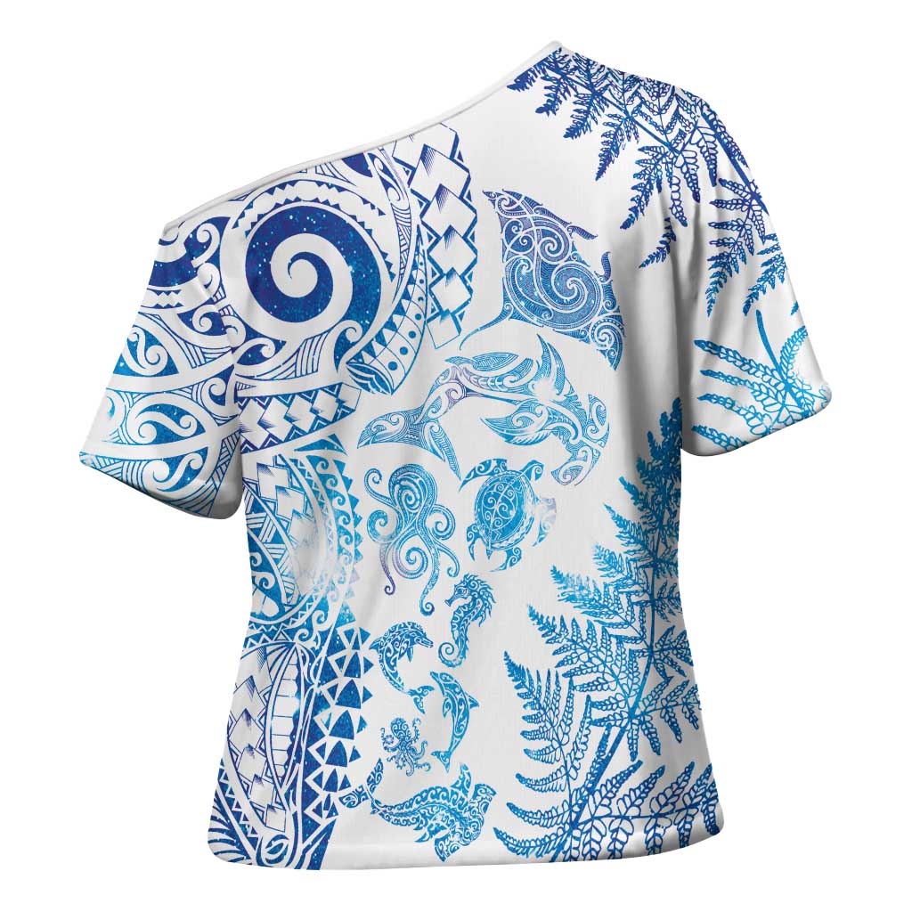 New Zealand Sea Animals Cross Shoulder Shirt with Maori Koru Tribal Tattoo and Silver Ferns Galaxy Style LT03 - Polynesian Pride