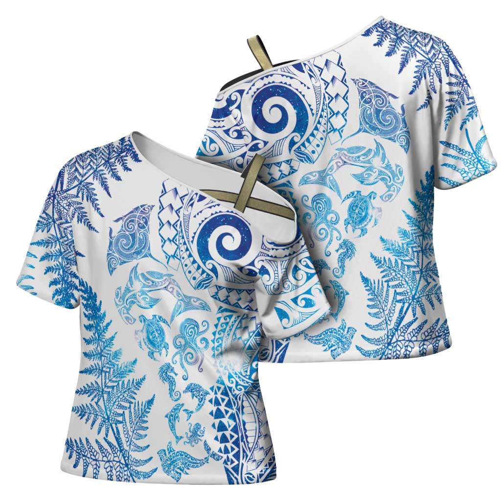 New Zealand Sea Animals Cross Shoulder Shirt with Maori Koru Tribal Tattoo and Silver Ferns Galaxy Style LT03 - Polynesian Pride