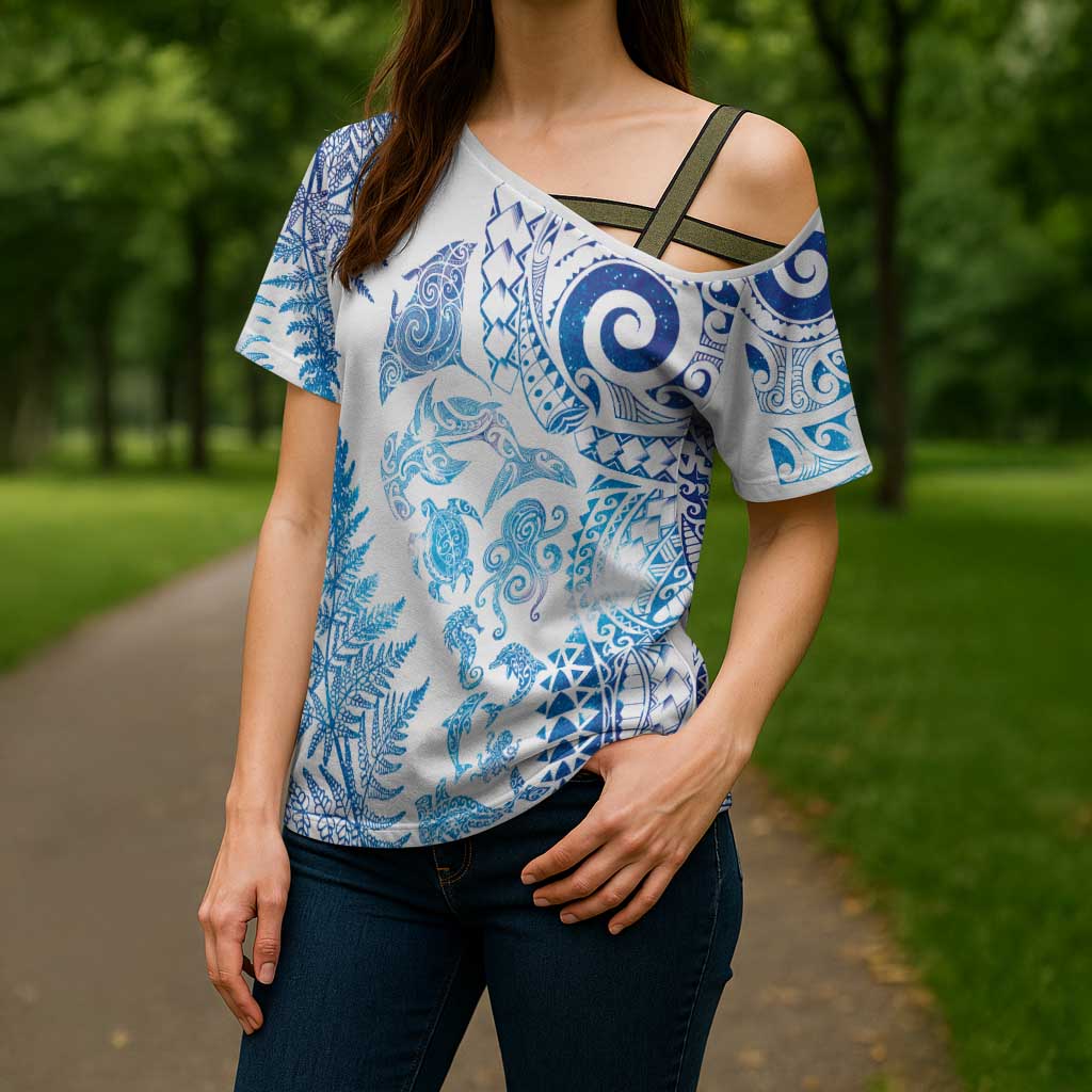 New Zealand Sea Animals Cross Shoulder Shirt with Maori Koru Tribal Tattoo and Silver Ferns Galaxy Style LT03 - Polynesian Pride