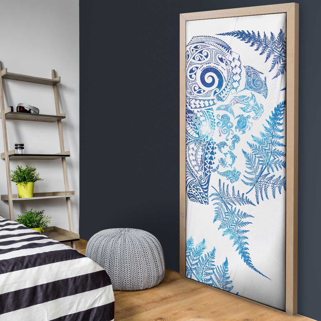 New Zealand Sea Animals Door Cover with Maori Koru Tribal Tattoo and Silver Ferns Galaxy Style LT03 - Polynesian Pride