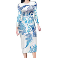 New Zealand Sea Animals Family Matching Long Sleeve Bodycon Dress and Hawaiian Shirt with Maori Koru Tribal Tattoo and Silver Ferns Galaxy Style LT03 Mom's Dress Multicolor - Polynesian Pride