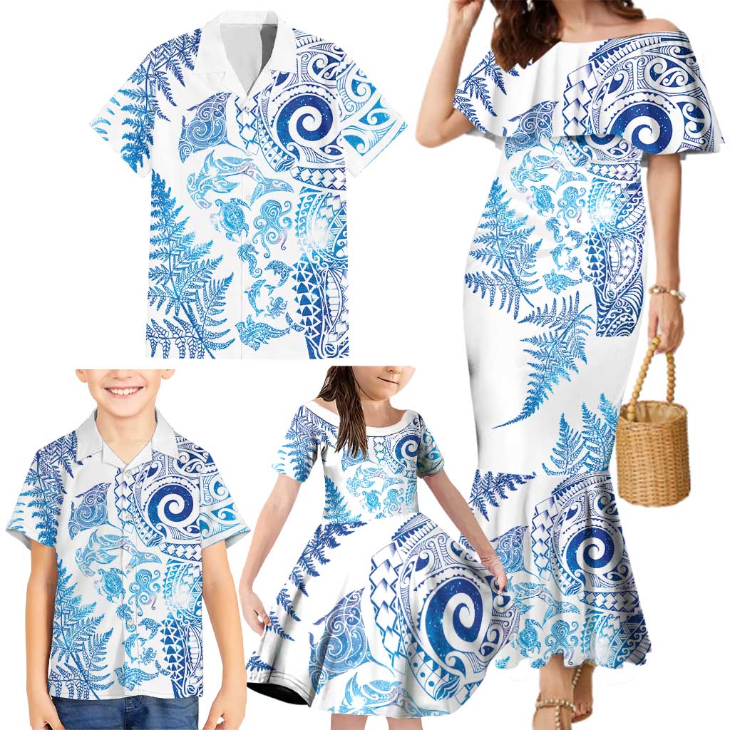 New Zealand Sea Animals Family Matching Mermaid Dress and Hawaiian Shirt with Maori Koru Tribal Tattoo and Silver Ferns Galaxy Style LT03 - Polynesian Pride