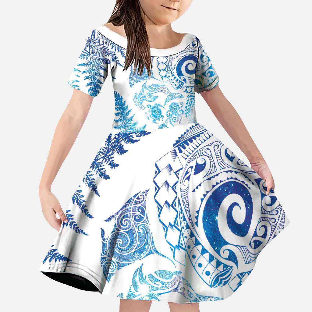 New Zealand Sea Animals Family Matching Off Shoulder Maxi Dress and Hawaiian Shirt with Maori Koru Tribal Tattoo and Silver Ferns Galaxy Style LT03 Daughter's Dress Multicolor - Polynesian Pride