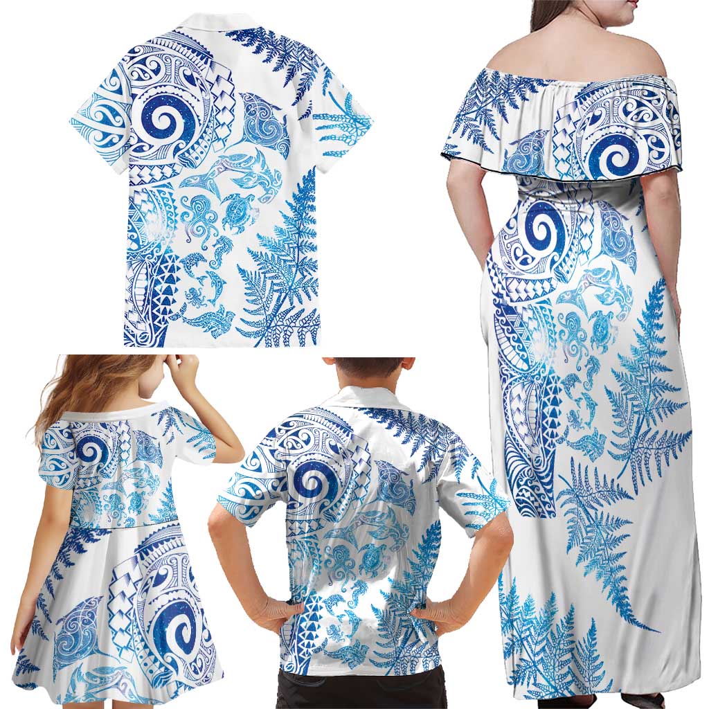 New Zealand Sea Animals Family Matching Off Shoulder Maxi Dress and Hawaiian Shirt with Maori Koru Tribal Tattoo and Silver Ferns Galaxy Style LT03 - Polynesian Pride