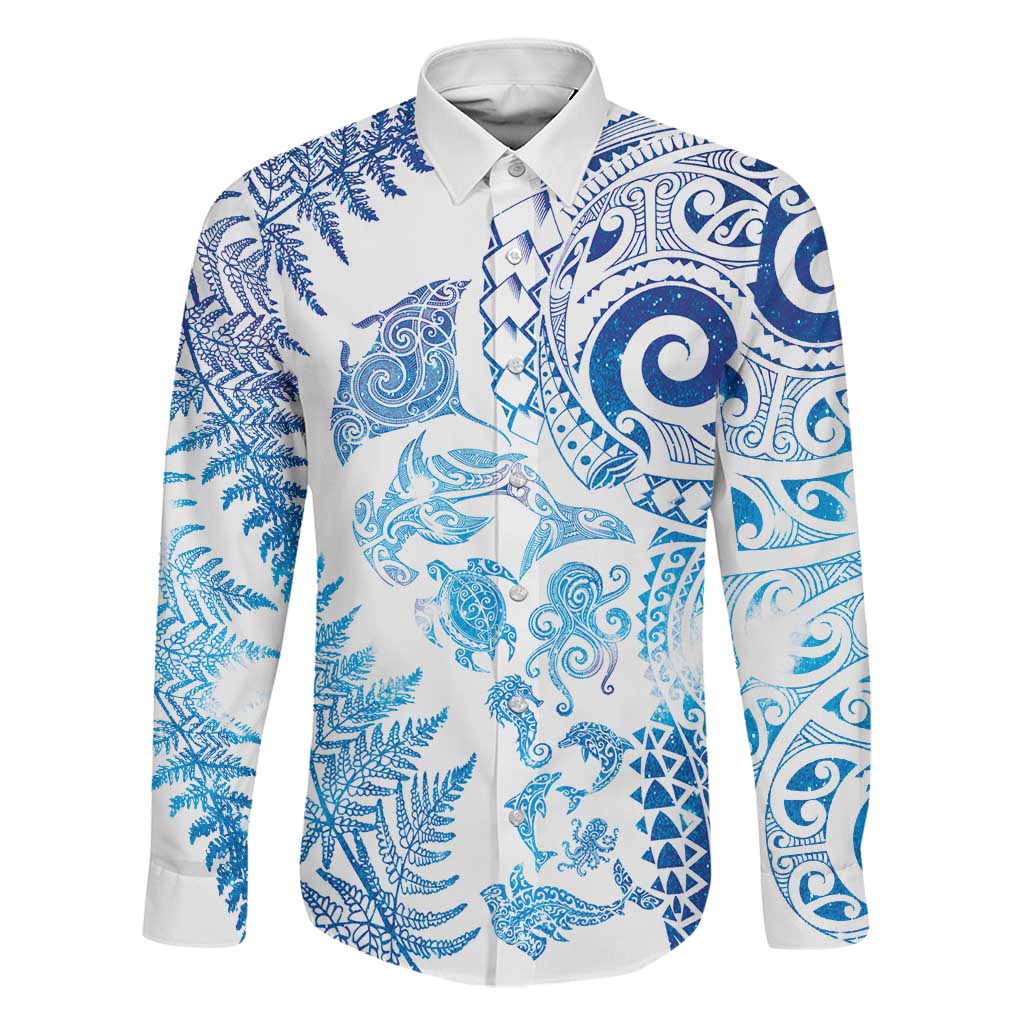 New Zealand Sea Animals Family Matching Off Shoulder Maxi Dress and Hawaiian Shirt with Maori Koru Tribal Tattoo and Silver Ferns Galaxy Style LT03 Dad's Shirt - Long Sleeve Multicolor - Polynesian Pride