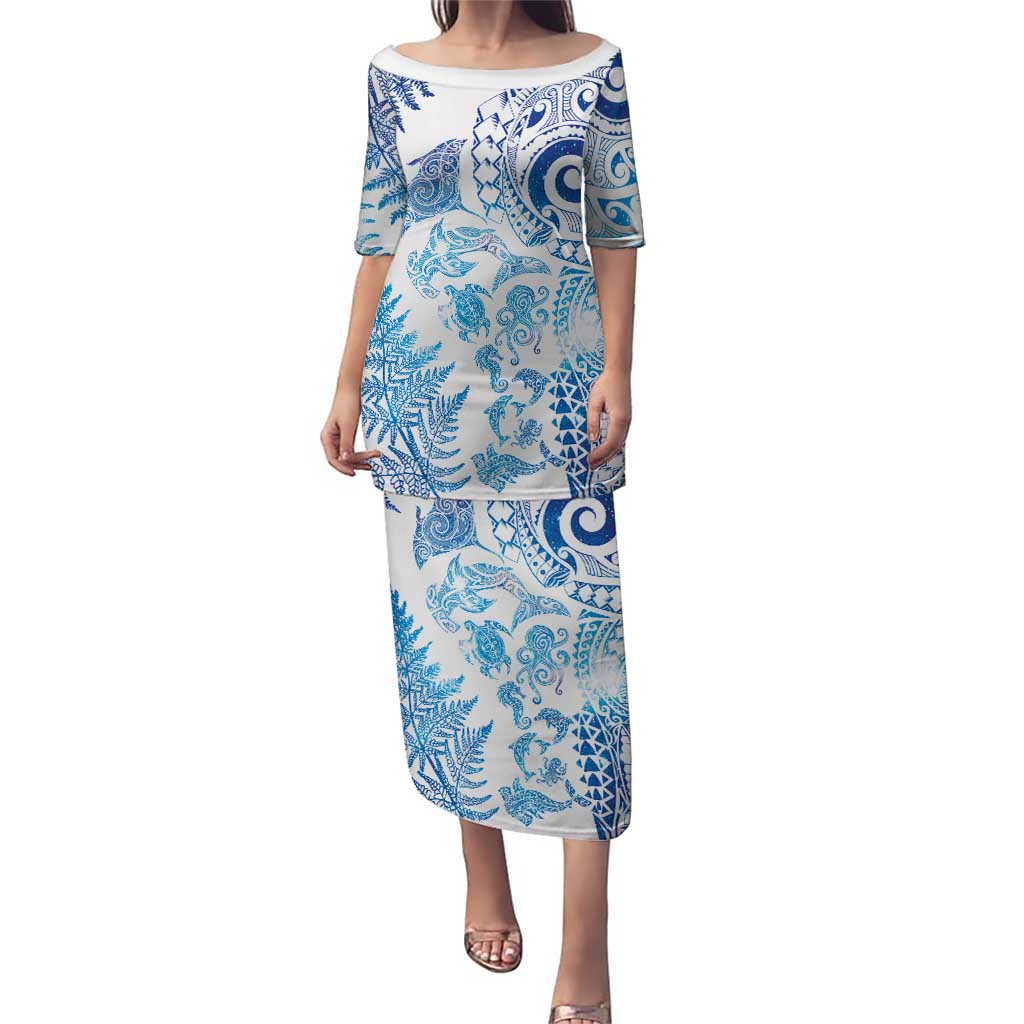 New Zealand Sea Animals Family Matching Puletasi and Hawaiian Shirt with Maori Koru Tribal Tattoo and Silver Ferns Galaxy Style LT03 Mom's Dress Multicolor - Polynesian Pride