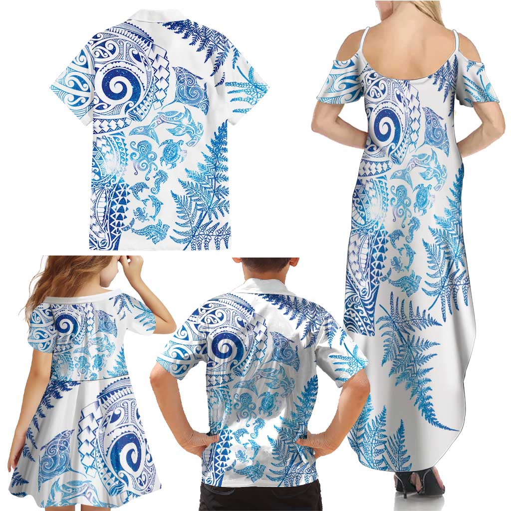 New Zealand Sea Animals Family Matching Summer Maxi Dress and Hawaiian Shirt with Maori Koru Tribal Tattoo and Silver Ferns Galaxy Style LT03 - Polynesian Pride