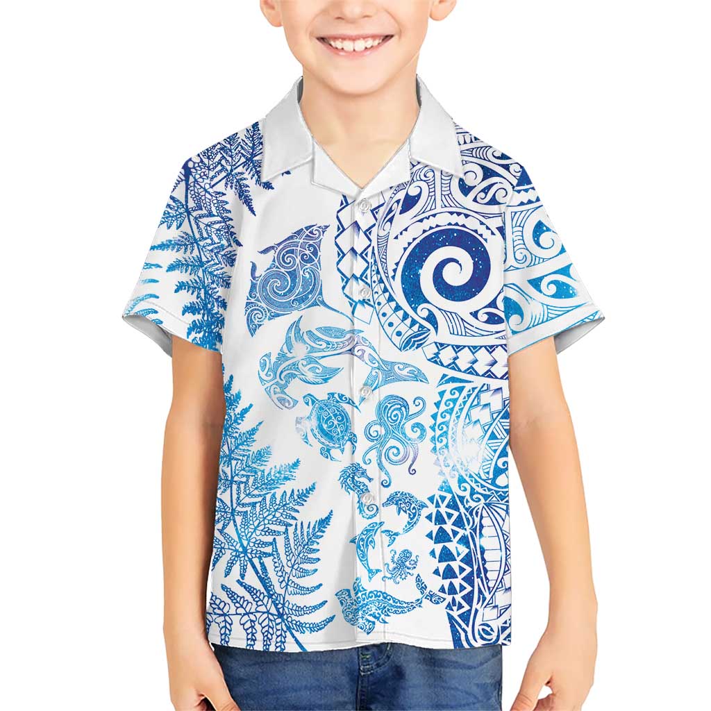 New Zealand Sea Animals Family Matching Summer Maxi Dress and Hawaiian Shirt with Maori Koru Tribal Tattoo and Silver Ferns Galaxy Style LT03 Son's Shirt Multicolor - Polynesian Pride