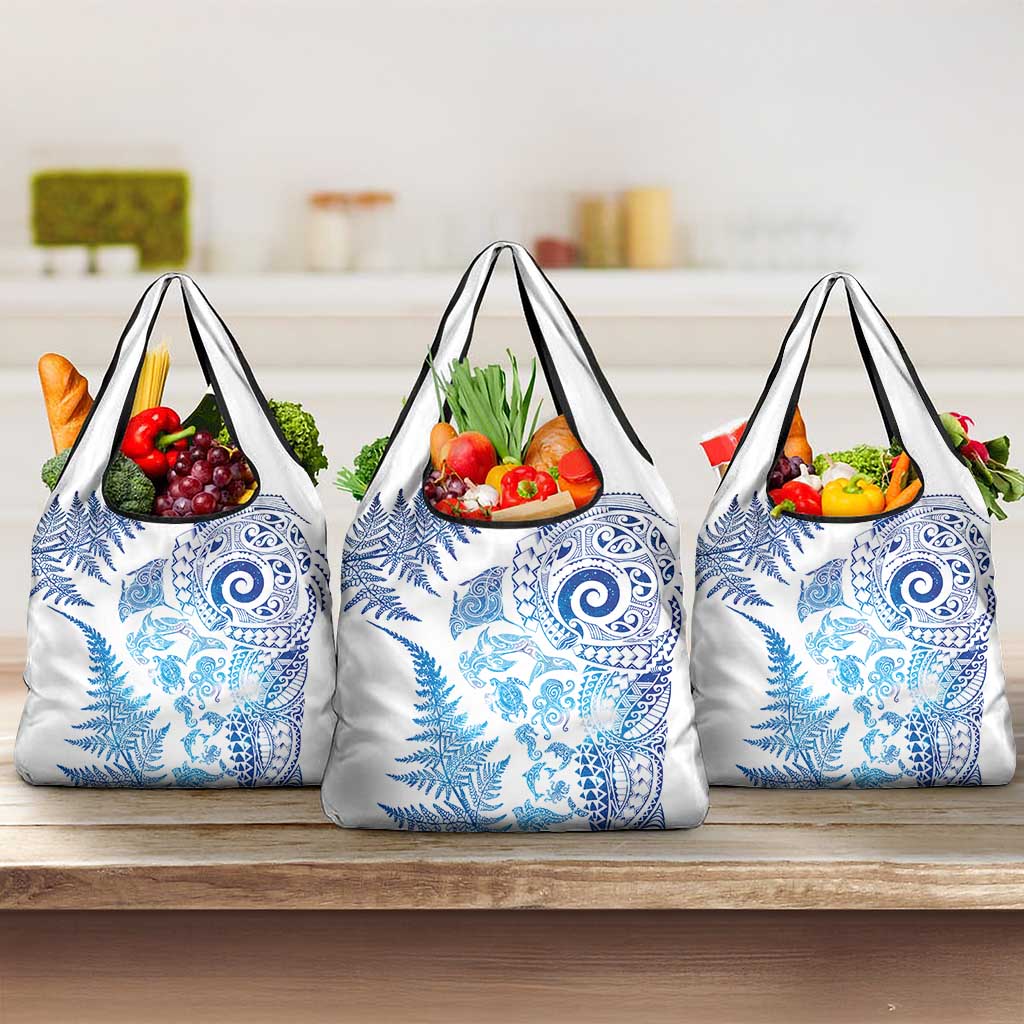 New Zealand Sea Animals Grocery Bag with Maori Koru Tribal Tattoo and Silver Ferns Galaxy Style LT03 3-pack One Size Multicolor - Polynesian Pride