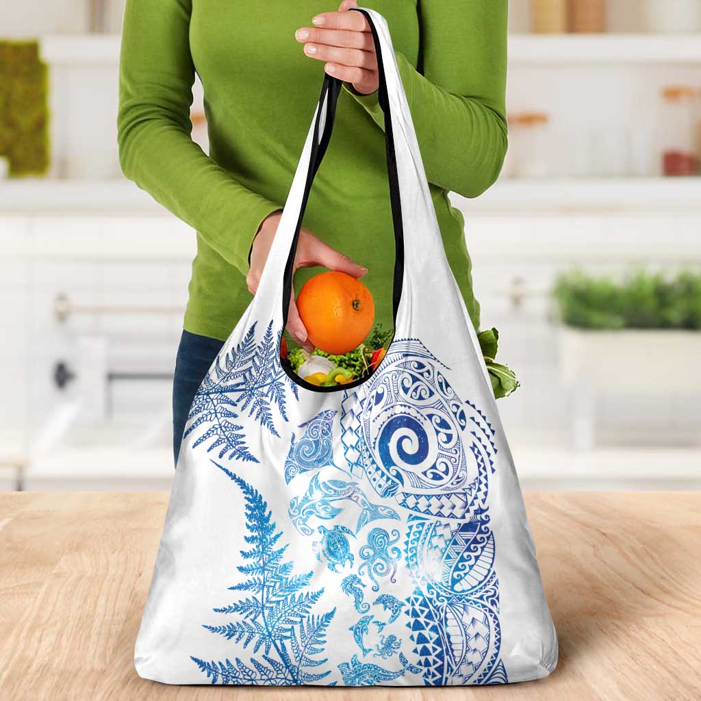New Zealand Sea Animals Grocery Bag with Maori Koru Tribal Tattoo and Silver Ferns Galaxy Style LT03 - Polynesian Pride