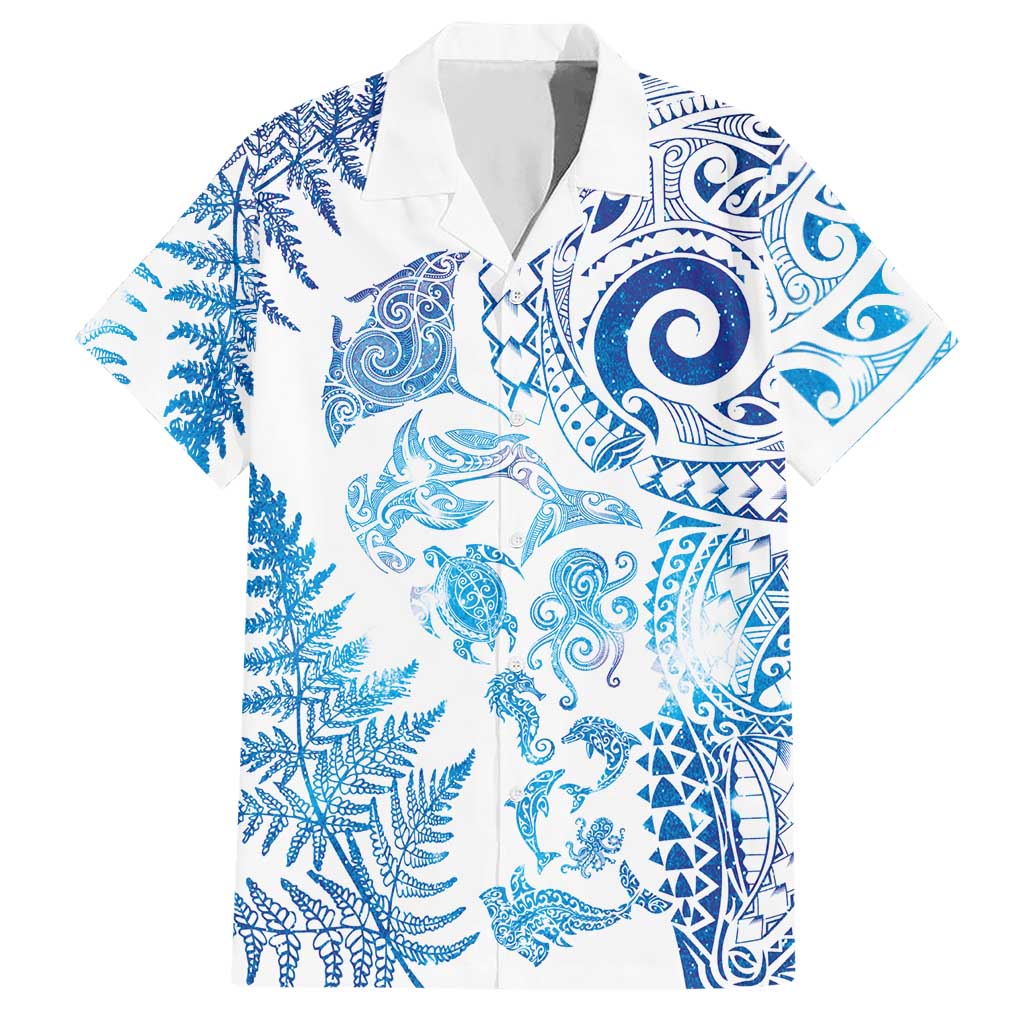 New Zealand Sea Animals Hawaiian Shirt with Maori Koru Tribal Tattoo and Silver Ferns Galaxy Style