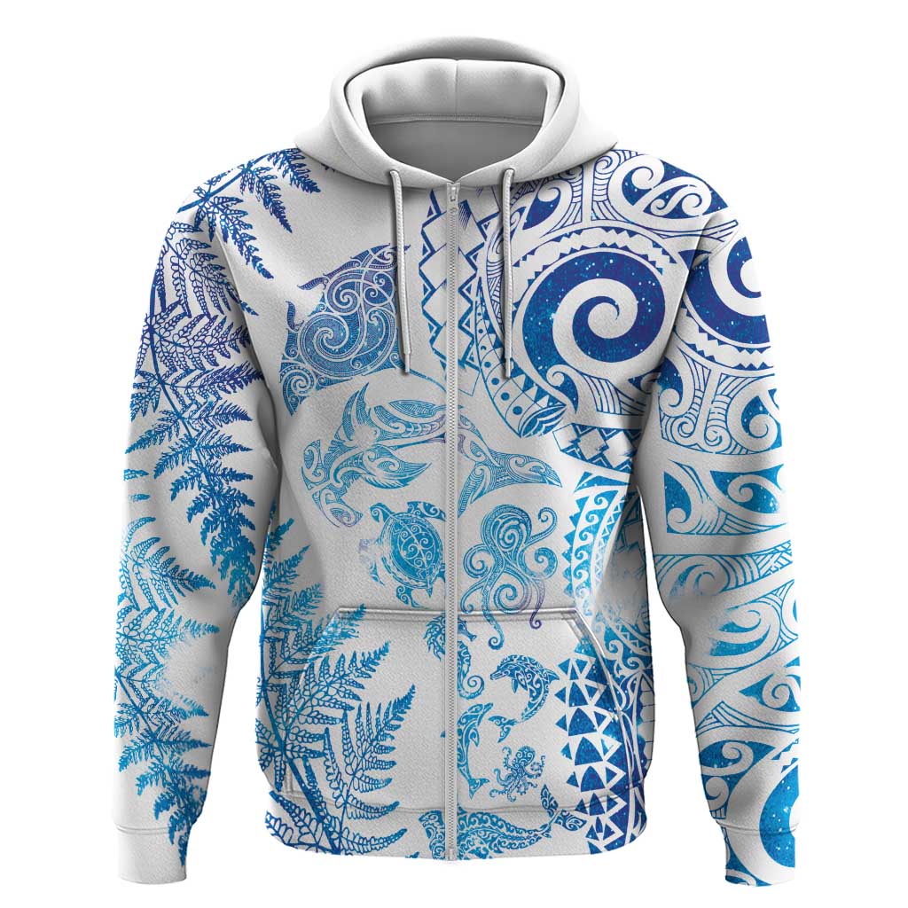 New Zealand Sea Animals Hoodie with Maori Koru Tribal Tattoo and Silver Ferns Galaxy Style LT03 Zip Hoodie Multicolor - Polynesian Pride