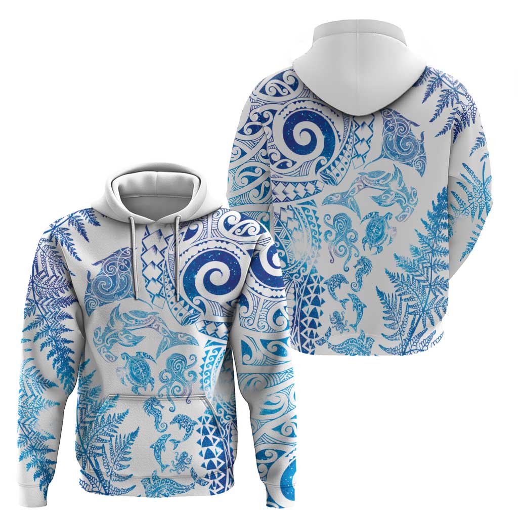 New Zealand Sea Animals Hoodie with Maori Koru Tribal Tattoo and Silver Ferns Galaxy Style LT03 - Polynesian Pride
