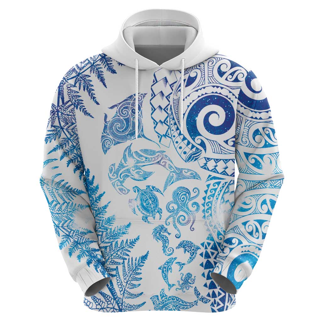New Zealand Sea Animals Hoodie with Maori Koru Tribal Tattoo and Silver Ferns Galaxy Style LT03 - Polynesian Pride