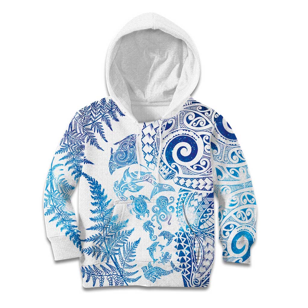 New Zealand Sea Animals Kid Hoodie with Maori Koru Tribal Tattoo and Silver Ferns Galaxy Style