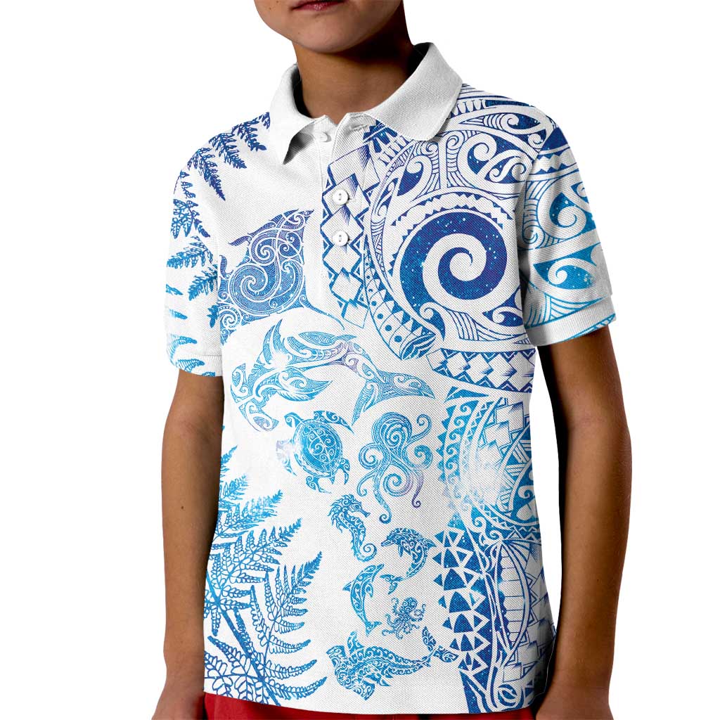 New Zealand Sea Animals Kid Polo Shirt with Maori Koru Tribal Tattoo and Silver Ferns Galaxy Style LT03 Kid Multicolor - Polynesian Pride