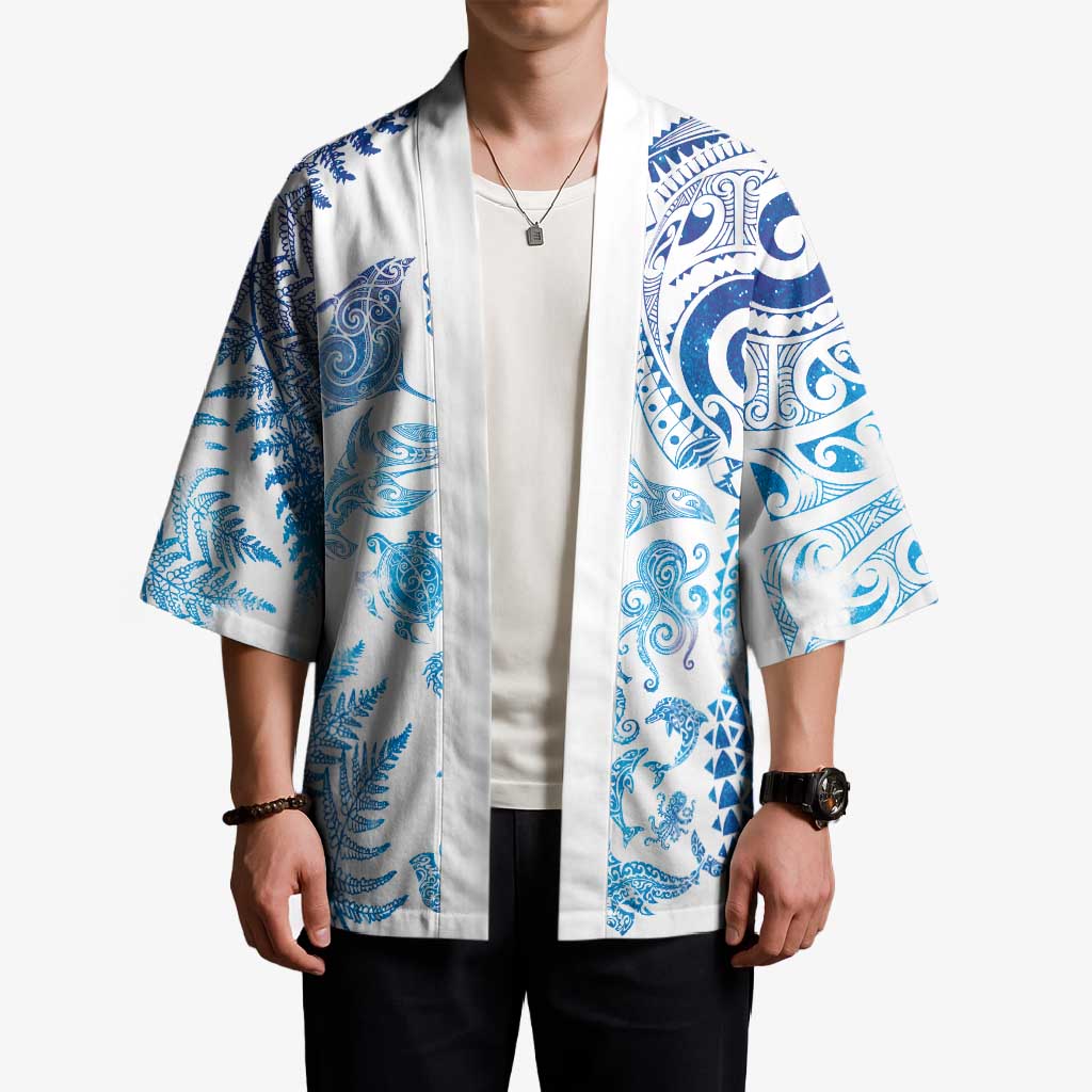 New Zealand Sea Animals Kimono with Maori Koru Tribal Tattoo and Silver Ferns Galaxy Style LT03 - Polynesian Pride