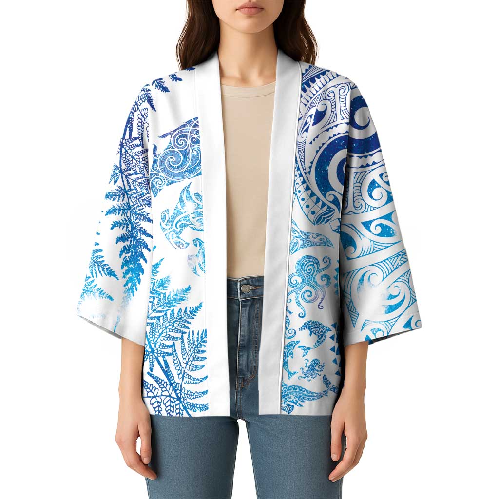 New Zealand Sea Animals Kimono with Maori Koru Tribal Tattoo and Silver Ferns Galaxy Style LT03 - Polynesian Pride