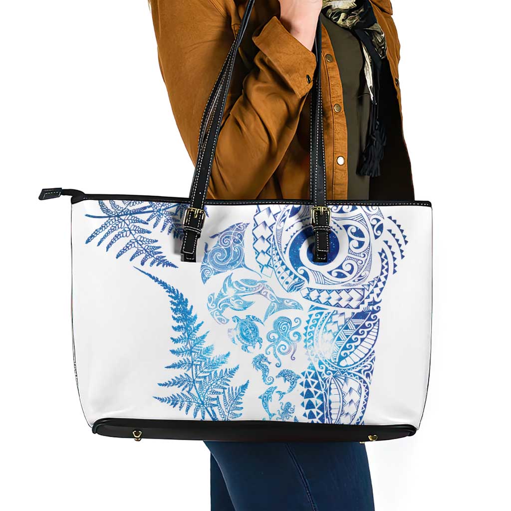 New Zealand Sea Animals Leather Tote Bag with Maori Koru Tribal Tattoo and Silver Ferns Galaxy Style LT03 - Polynesian Pride