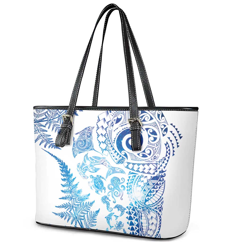 New Zealand Sea Animals Leather Tote Bag with Maori Koru Tribal Tattoo and Silver Ferns Galaxy Style LT03 - Polynesian Pride