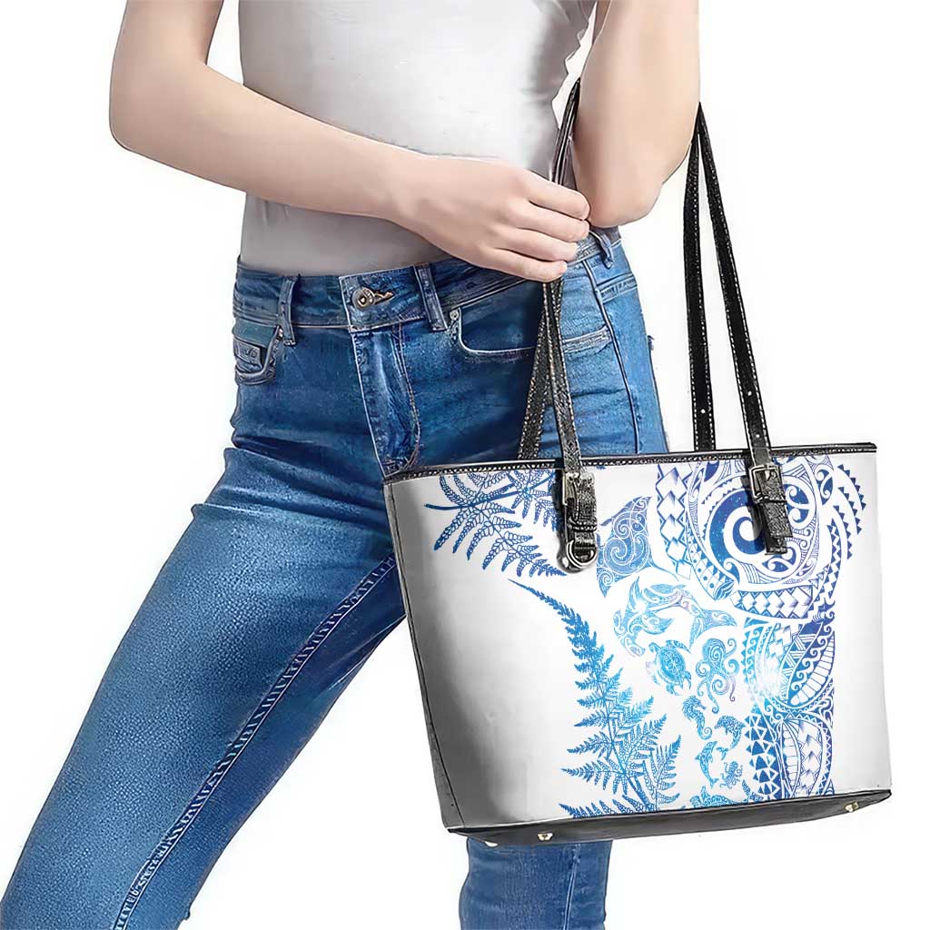 New Zealand Sea Animals Leather Tote Bag with Maori Koru Tribal Tattoo and Silver Ferns Galaxy Style LT03 - Polynesian Pride