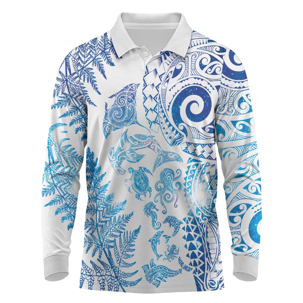 New Zealand Sea Animals Long Sleeve Polo Shirt with Maori Koru Tribal Tattoo and Silver Ferns Galaxy Style