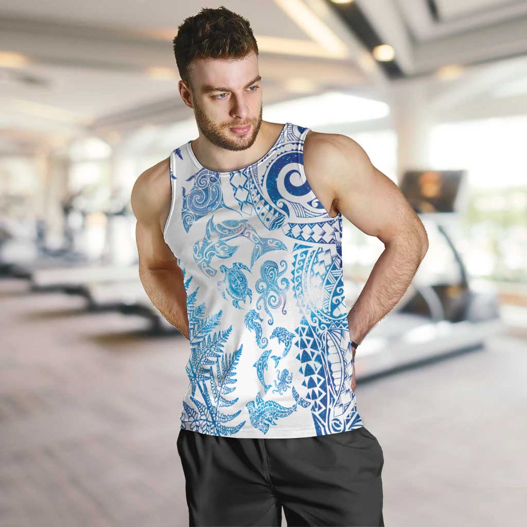 New Zealand Sea Animals Men Tank Top with Maori Koru Tribal Tattoo and Silver Ferns Galaxy Style