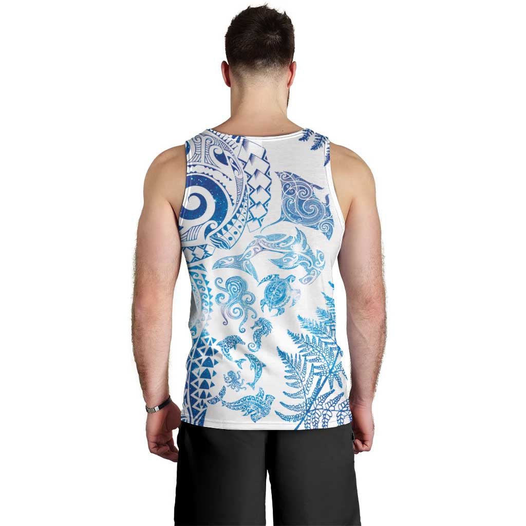 New Zealand Sea Animals Men Tank Top with Maori Koru Tribal Tattoo and Silver Ferns Galaxy Style LT03 - Polynesian Pride