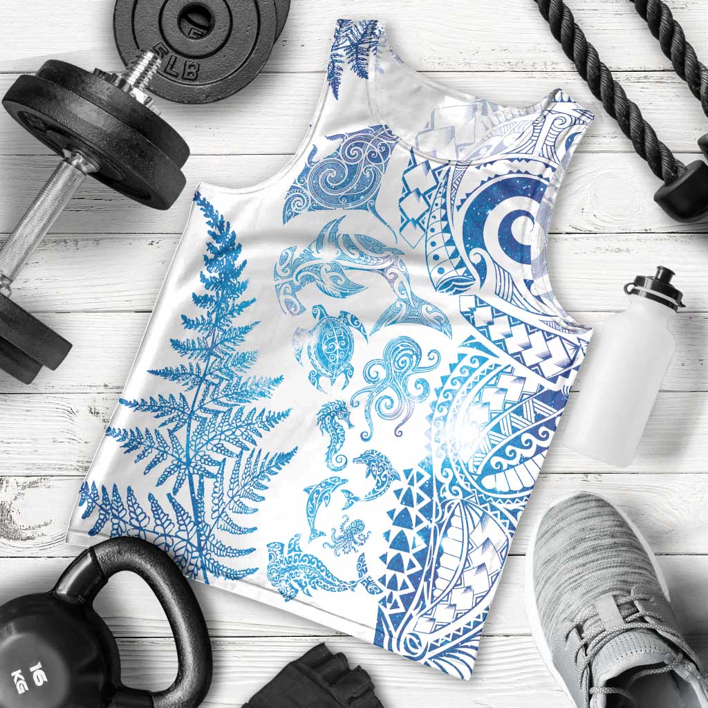 New Zealand Sea Animals Men Tank Top with Maori Koru Tribal Tattoo and Silver Ferns Galaxy Style LT03 - Polynesian Pride