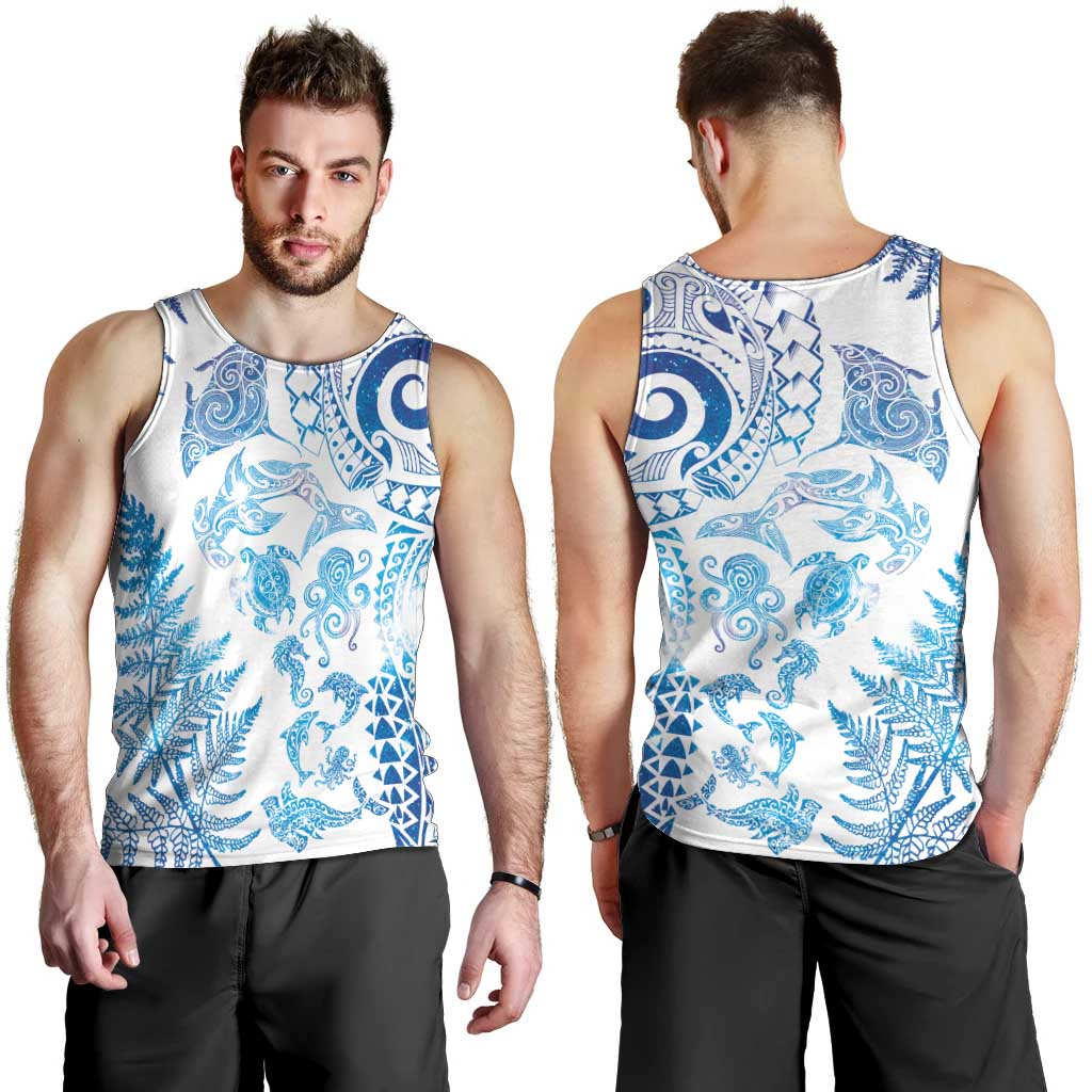 New Zealand Sea Animals Men Tank Top with Maori Koru Tribal Tattoo and Silver Ferns Galaxy Style LT03 - Polynesian Pride