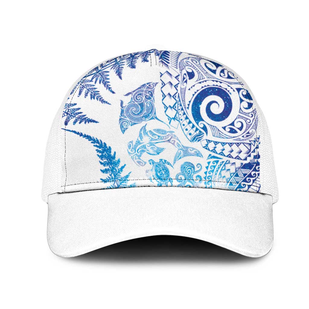 New Zealand Sea Animals Mesh Trucker Cap with Maori Koru Tribal Tattoo and Silver Ferns Galaxy Style LT03 One Size White Multicolor - Polynesian Pride