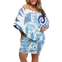 New Zealand Sea Animals Off Shoulder Short Dress with Maori Koru Tribal Tattoo and Silver Ferns Galaxy Style LT03 Women Multicolor - Polynesian Pride
